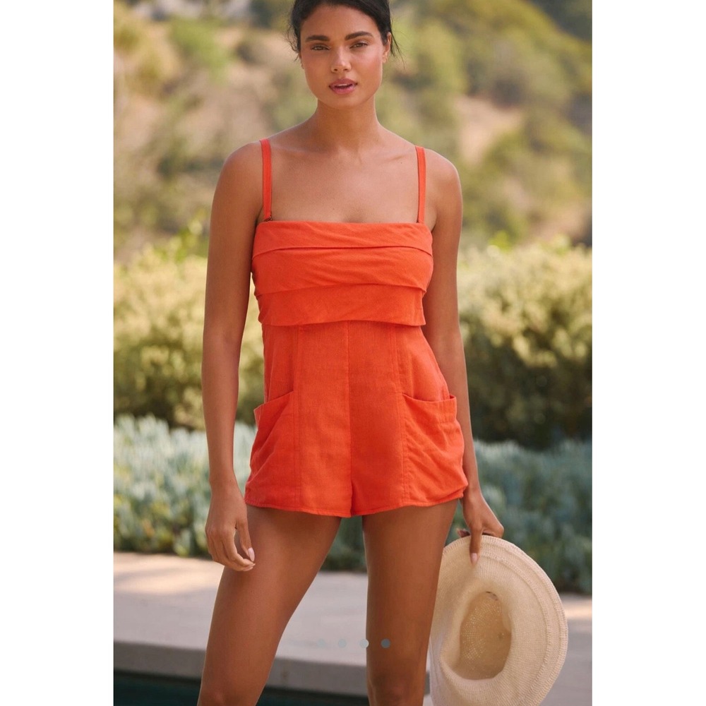 Anthropologie Red Orange Linen Blend‎ Ruffle Romper XL New with Tags 4145